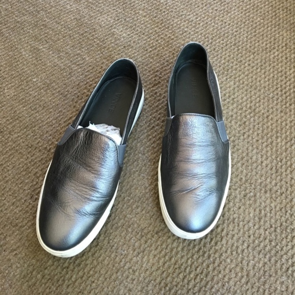 Vince Metallic Grey Leather Slip-Ons